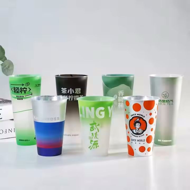 Blue pp Plastic Injection Cup Metal Film Label Hard Black Bubble Tea Cup Rainbow Plastic Boba Cup