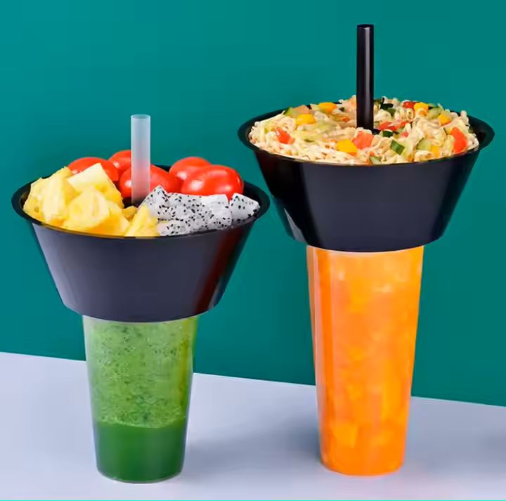 New Style 2-in-1 Food-Grade Disposable Plastic Cups for Take-Out Snack Bowls Salad Fruit Trays and D