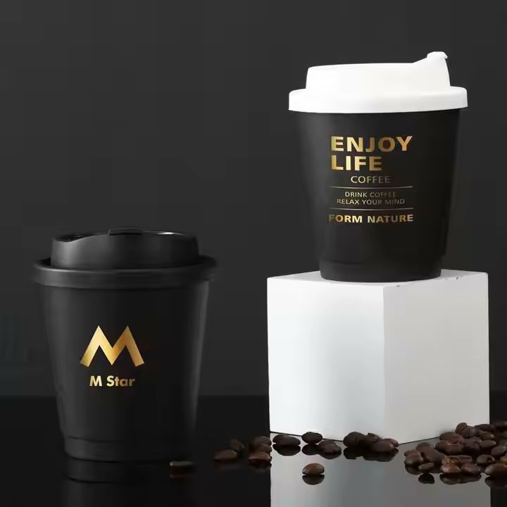 New Design Gold Foil Stamping Double Wall Custom Logo Eco Friendly Disposable Touch Feeling Black Ho