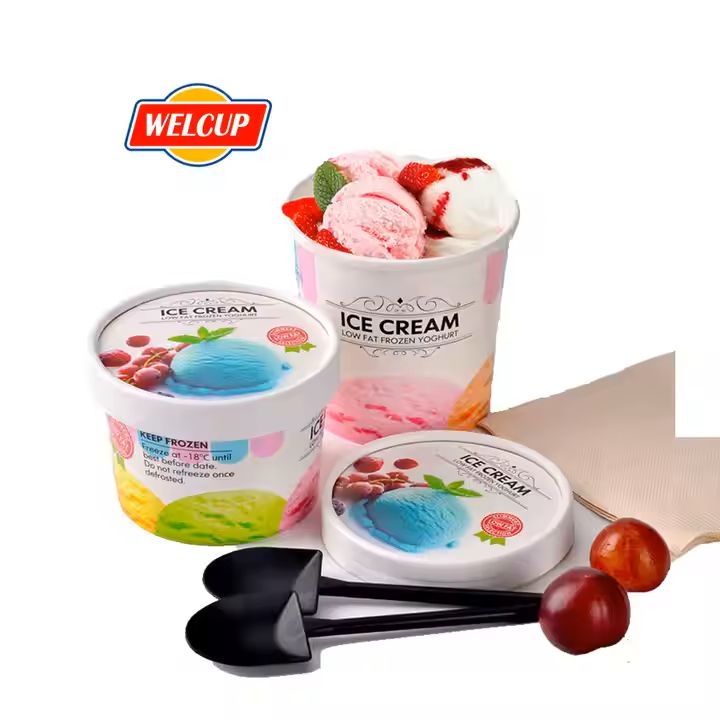 Single Wall Ice Cream Sundae Cup with Flat Lid Full Customizable Paper Cone Sleeve Wrapper for Ice C