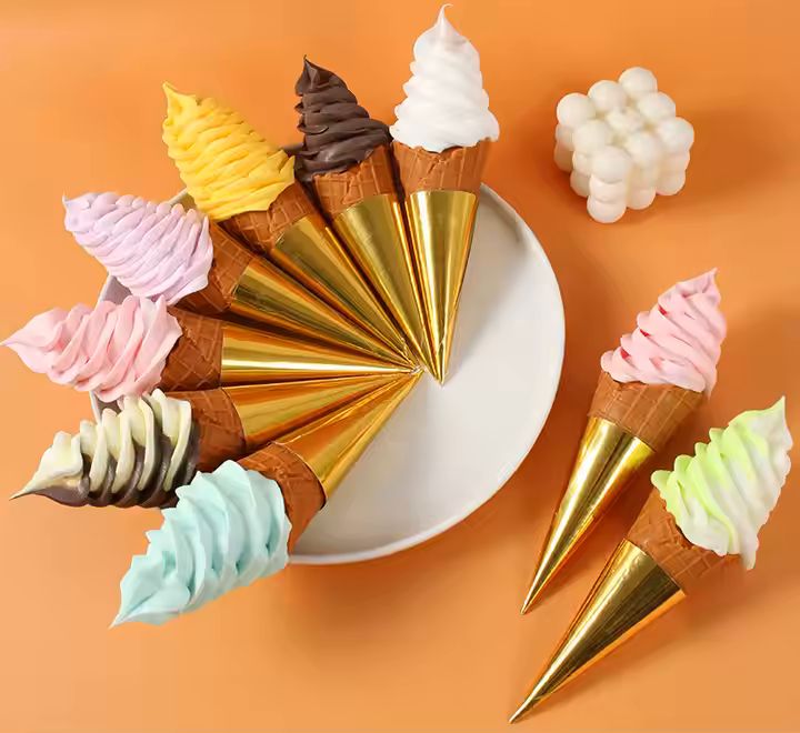 Hot Selling Disposable Customized Print Sliver Golden Metallic Color Ice Cream Cone Paper Conic Cone