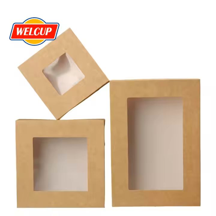 Hot Selling Wood Color Kraft Box Coated Paper Cardboard Window Lid for Cake Cheese Platter Food Pack