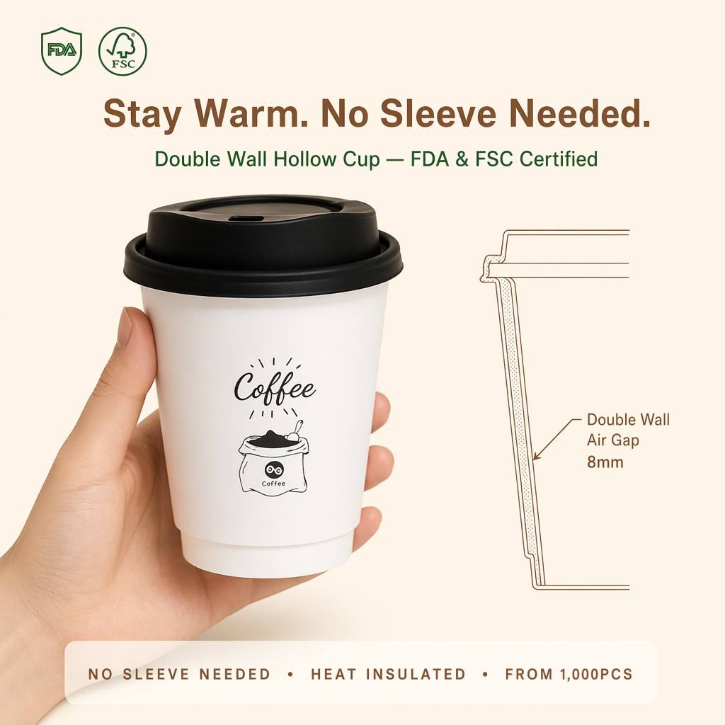 Custom Printed Double Wall Hollow Paper Coffee Cup 8oz 10oz 12oz 16oz Heat Insulated No Sleeve FDA C