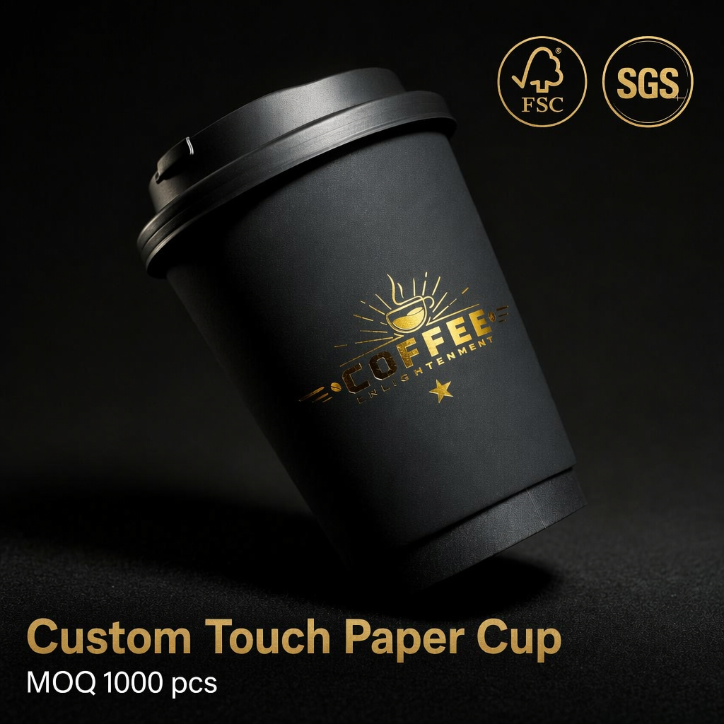 Custom Luxury Disposable Specialty Coffee Paper Cups 8oz-22oz with Gold Foil Print Double Wall Tacti