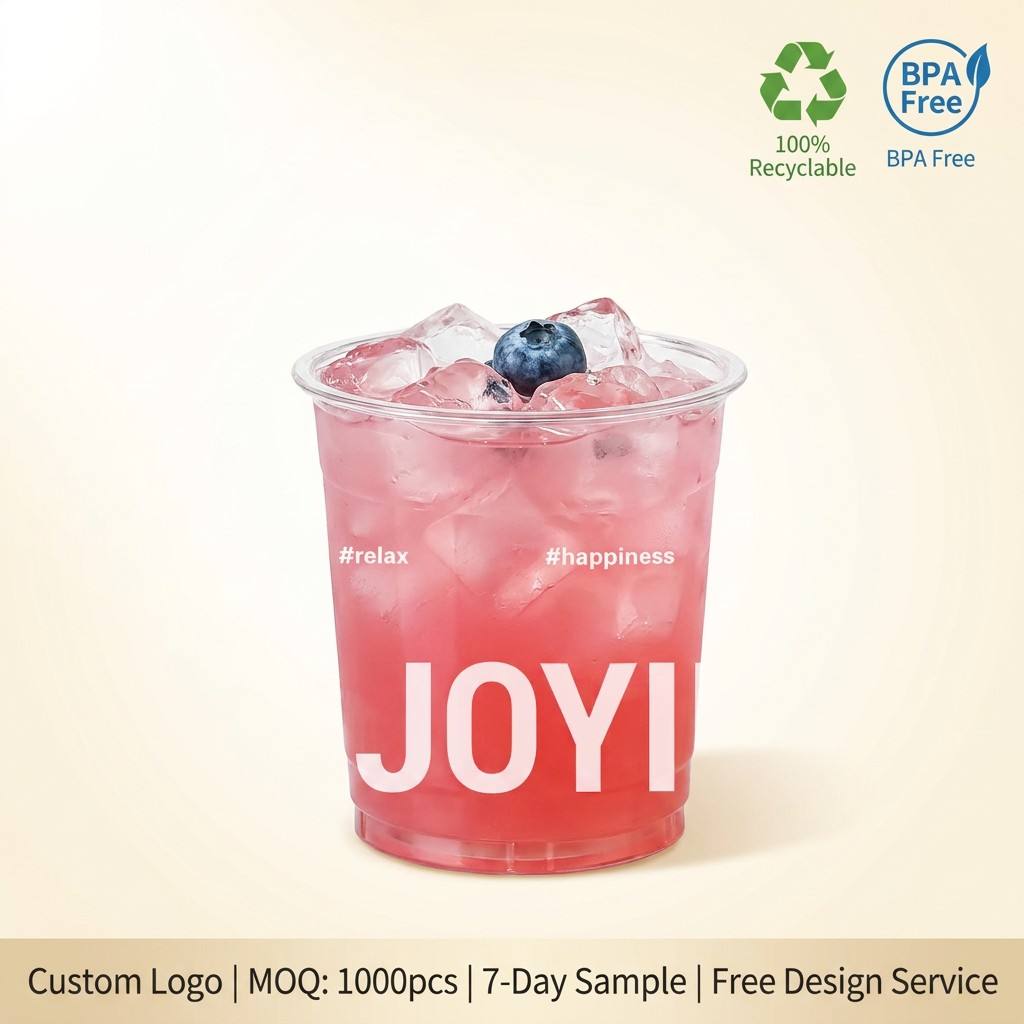 Custom Logo 18oz Clear PET Plastic Cups with Lids, Disposable Cold Drink Coffee Tea Juice Smoothie P
